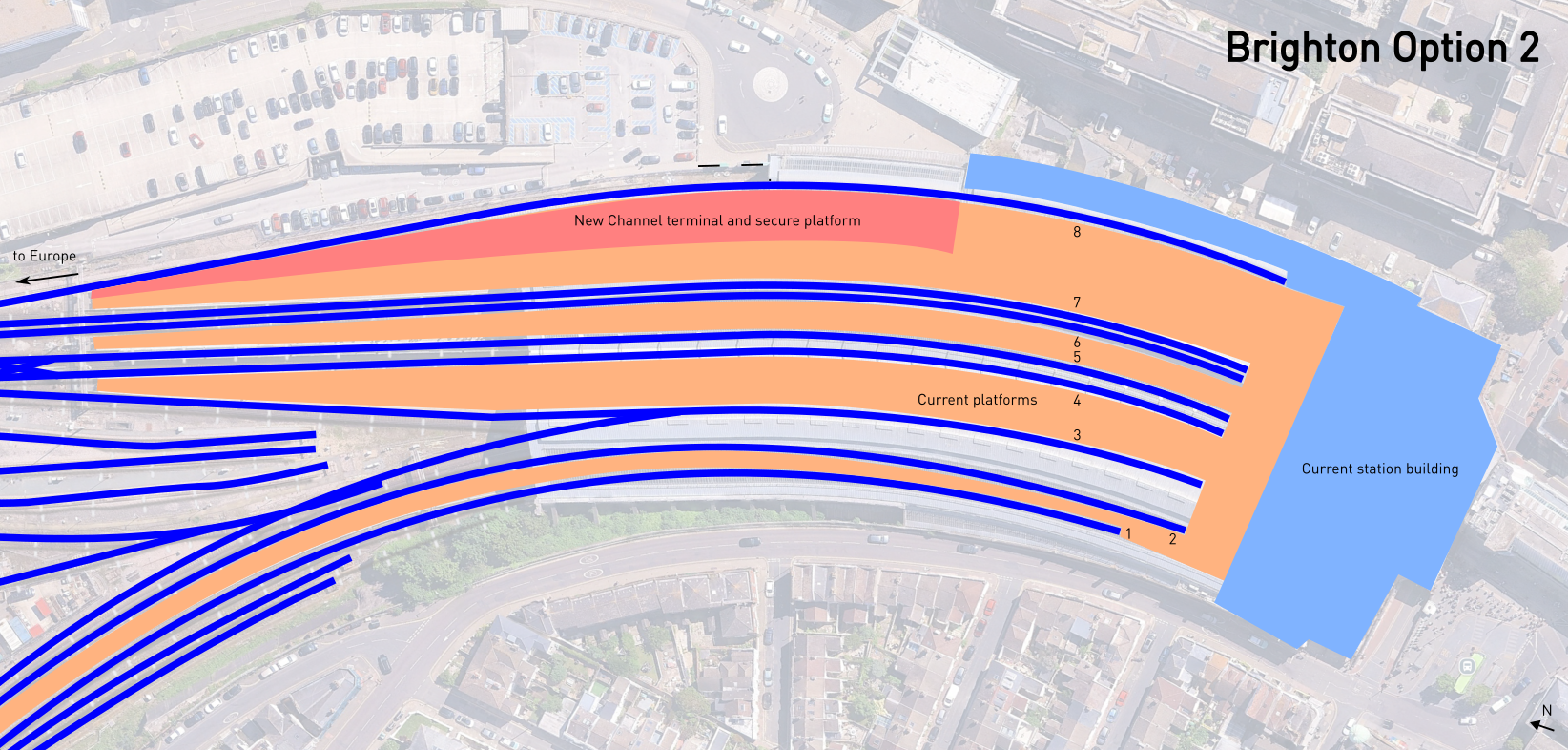 Diagram of the second proposal described in the text for Brighton, with the secure area at the northern end of platform 8.