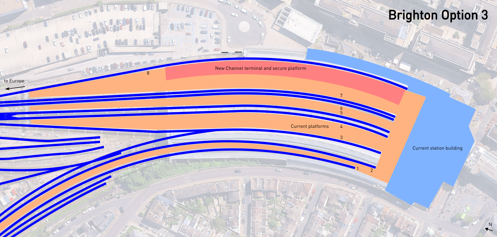 Diagram of the third proposal described in the text for Brighton, with the secure area at the southern end of platform 8.