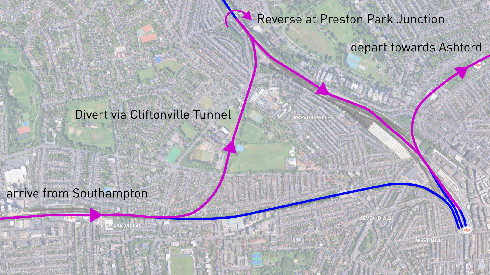 Diagram of the route into platform 8 of Brighton from the west.