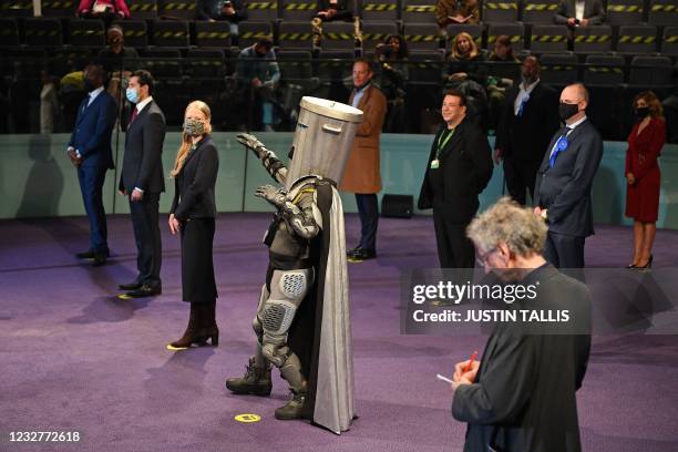Photograph of Count Binface at the 2021 London mayoral election count