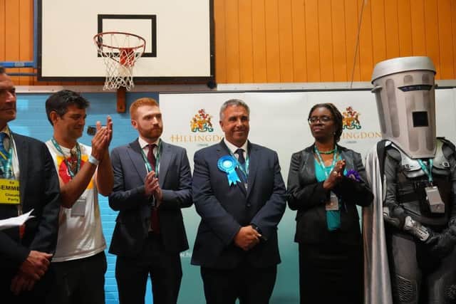 Photograph of Count Binface at the 2023 Uxbridge and South Ruislip by-election count