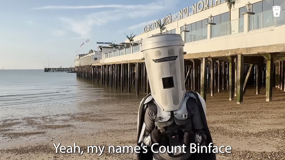 Still of Count Binface from his promotional video at a pier in Clacton constituency