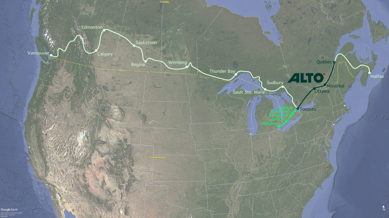 Map of northern North America showing the current Alto proposal
  from Toronto to Québec via Ottawa and Montréal,
  an extension east to Halifax,
  and an extension west to Vancouver
  via Sudbury,
  Sault Ste. Marie,
  Thunder Bay,
  Winnipeg,
  Regina,
  Saskatoon,
  and Edmonton.
  Additionally,
  there is a branch from Toronto to
  Guelph, Kitchener, Stratford, London, and Windsor