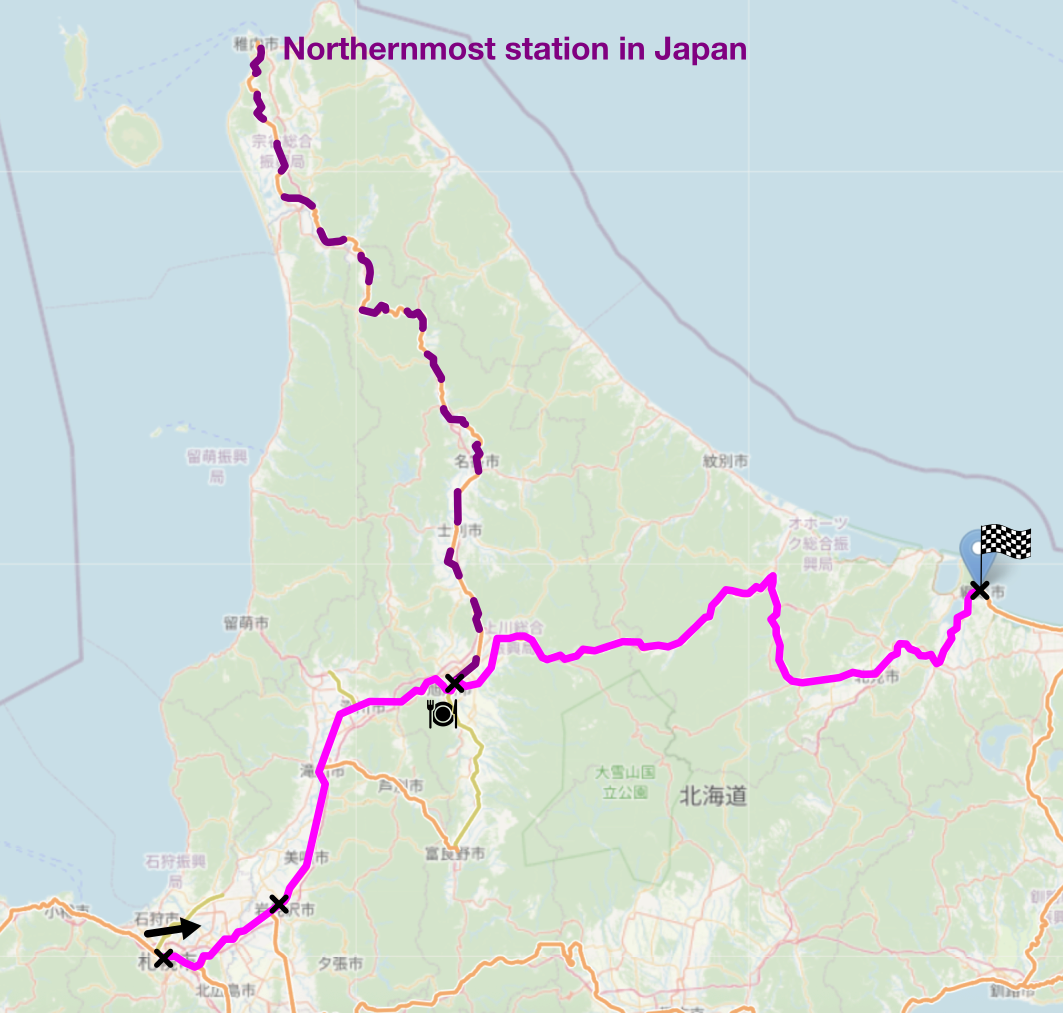 Map of the area described in the text with the route described marked.