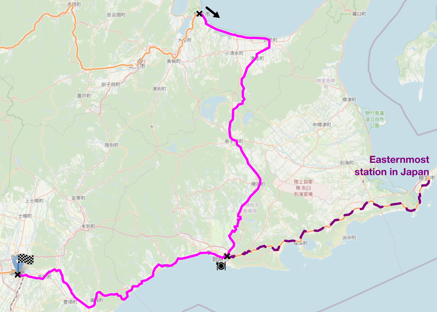 Map of the area described in the text with the route described marked.
