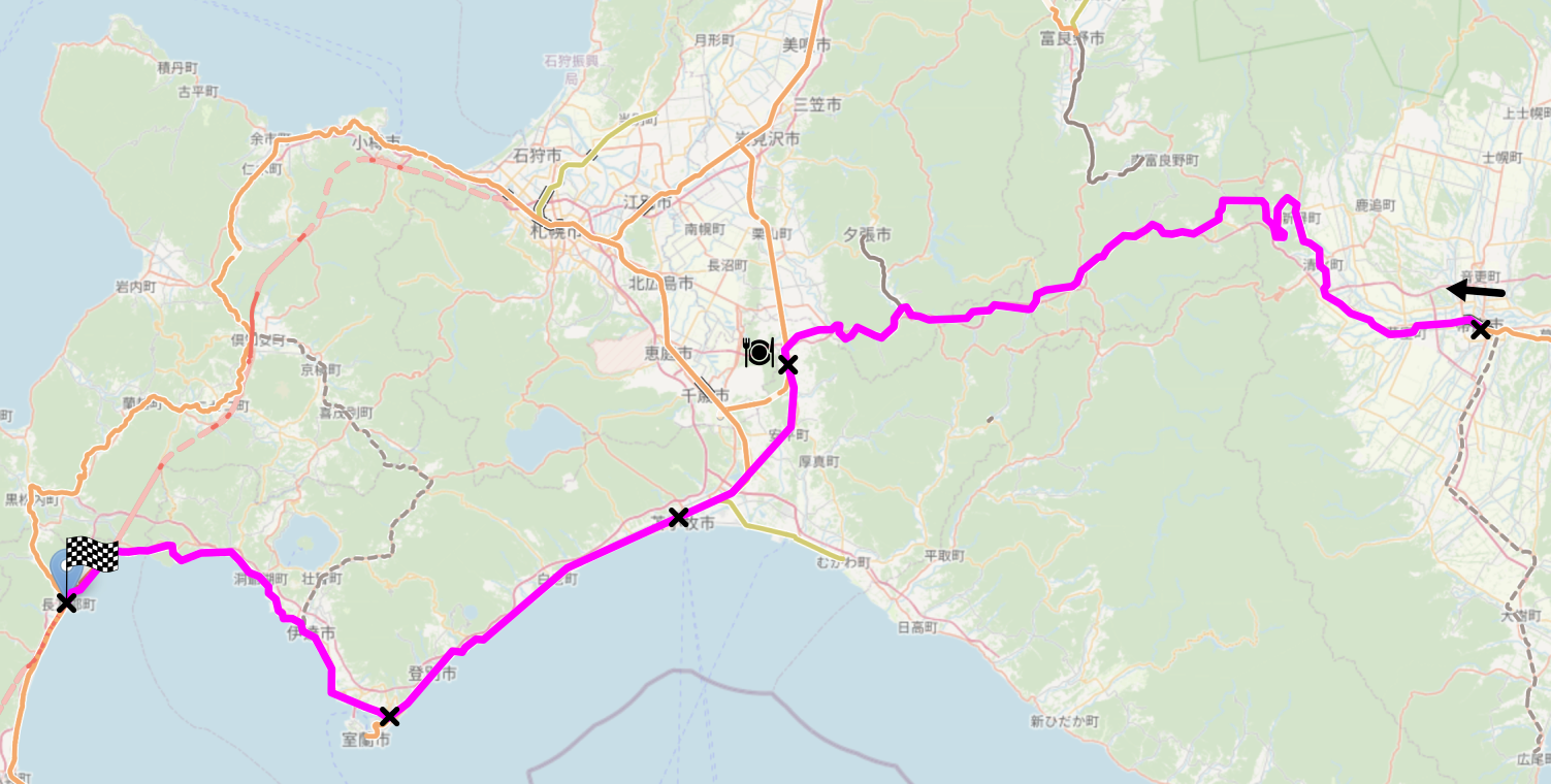 Map of the area described in the text with the route described marked.