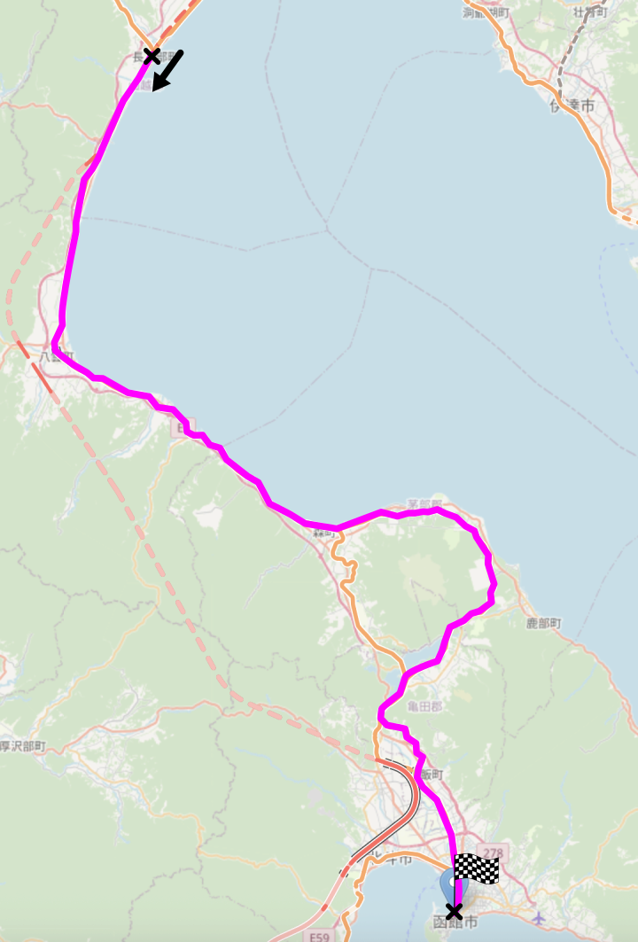 Map of the area described in the text with the route described marked.