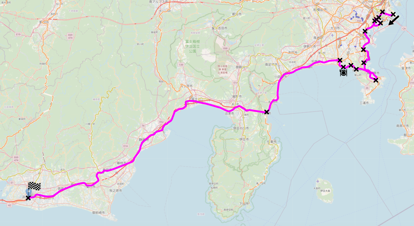 Map of the area described in the text with the route described marked.