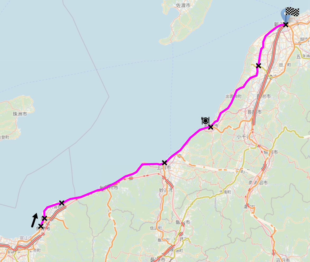 Map of the area described in the text with the route described marked.