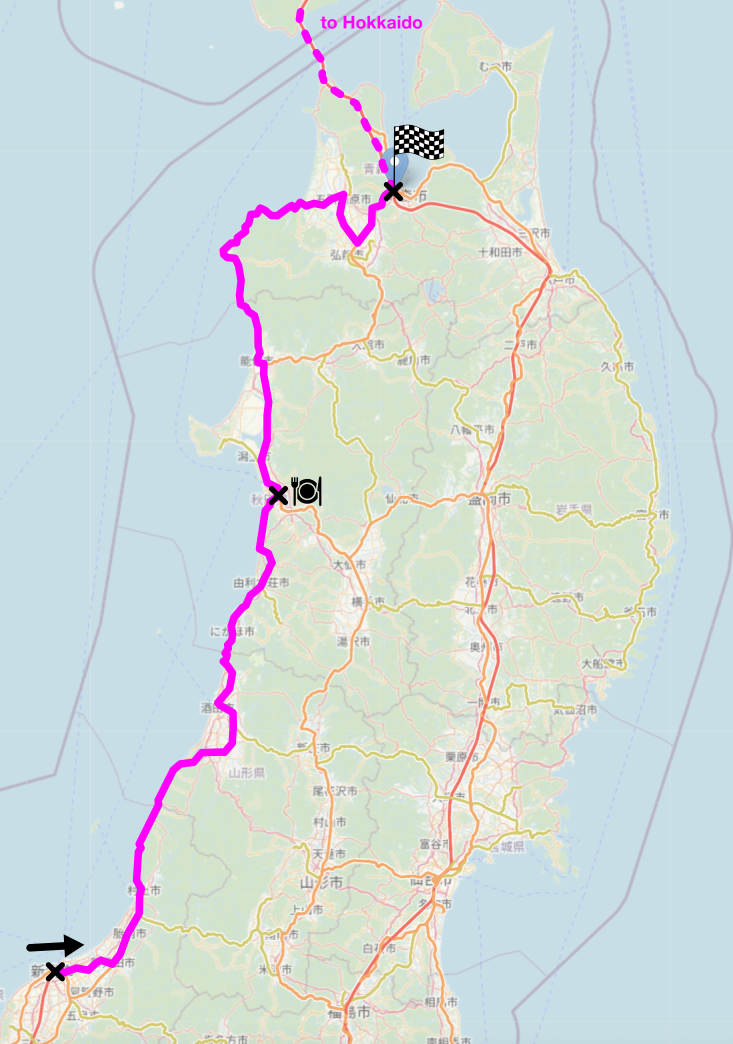 Map of the area described in the text with the route described marked.