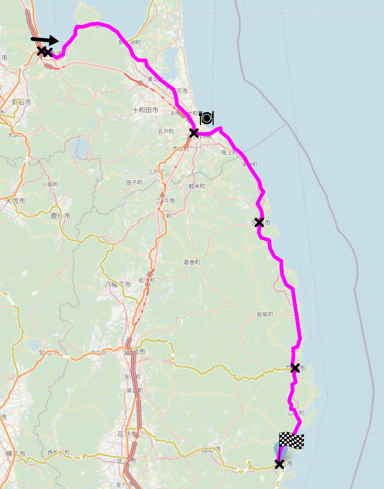 Map of the area described in the text with the route described marked.