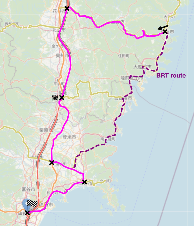 Map of the area described in the text with the route described marked.