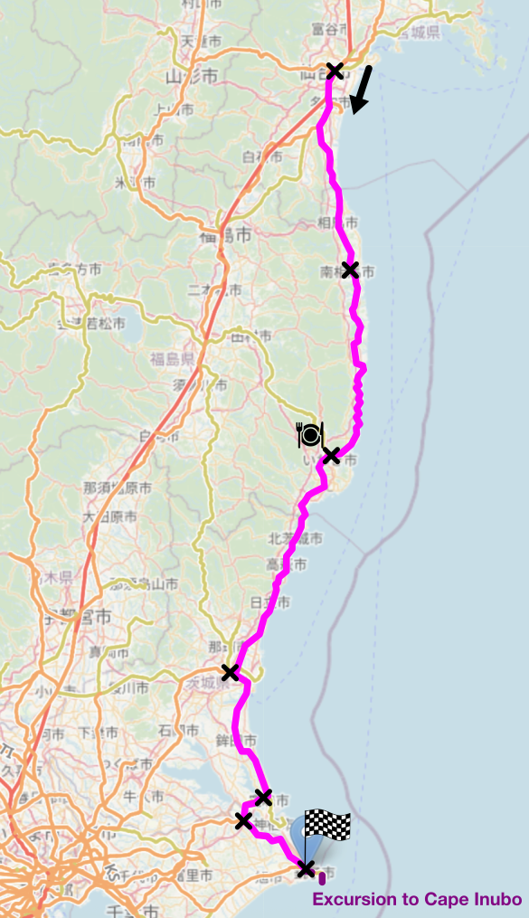 Map of the area described in the text with the route described marked.