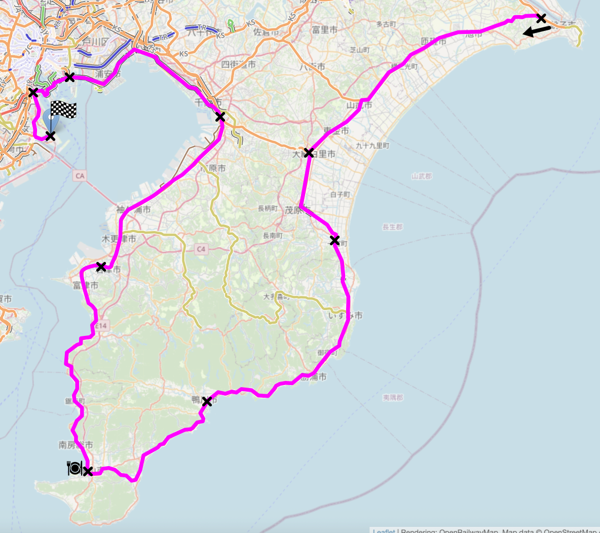 Map of the area described in the text with the route described marked.