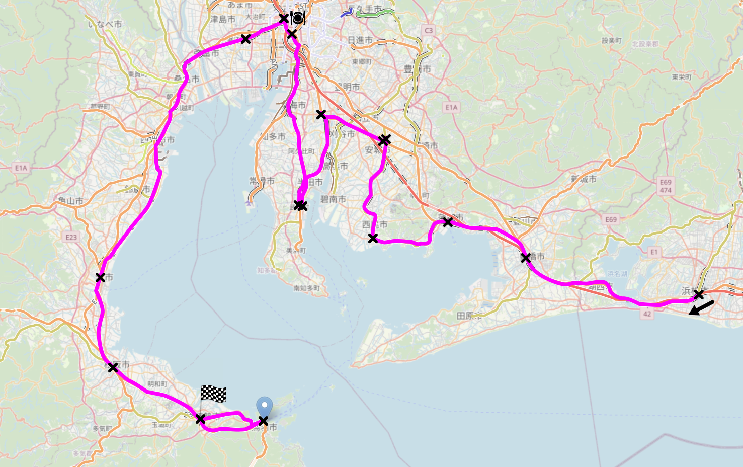 Map of the area described in the text with the route described marked.