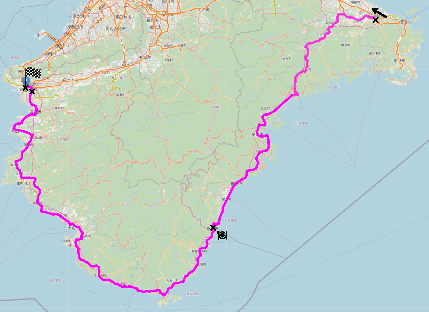 Map of the area described in the text with the route described marked.