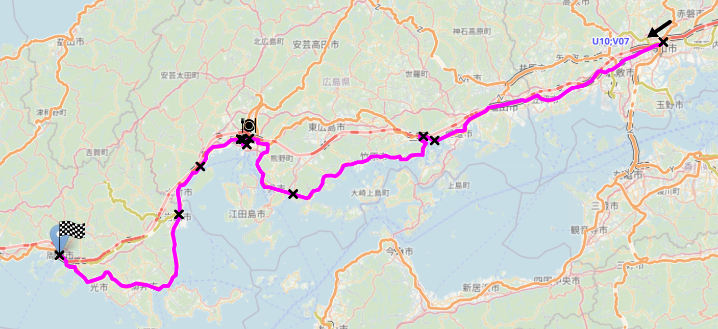 Map of the area described in the text with the route described marked.