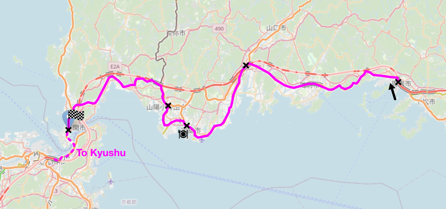 Map of the area described in the text with the route described marked.