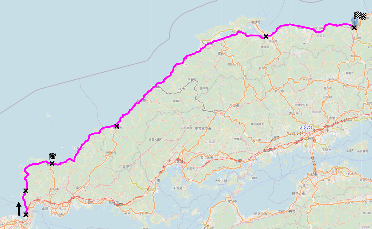 Map of the area described in the text with the route described marked.
