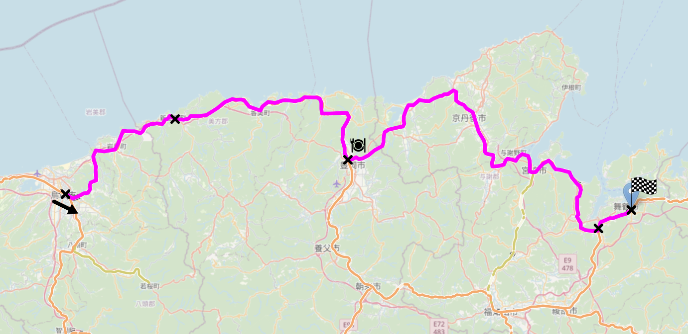 Map of the area described in the text with the route described marked.