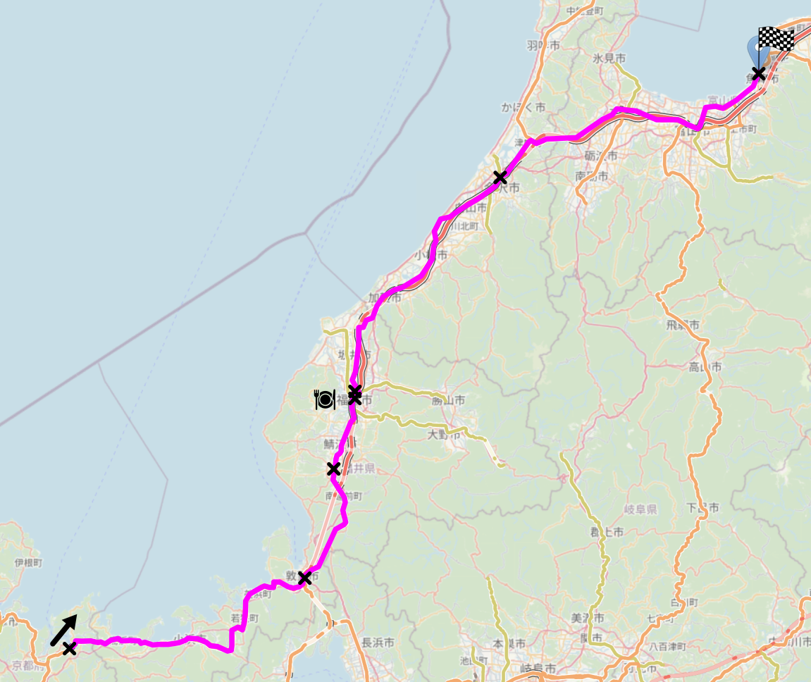 Map of the area described in the text with the route described marked.