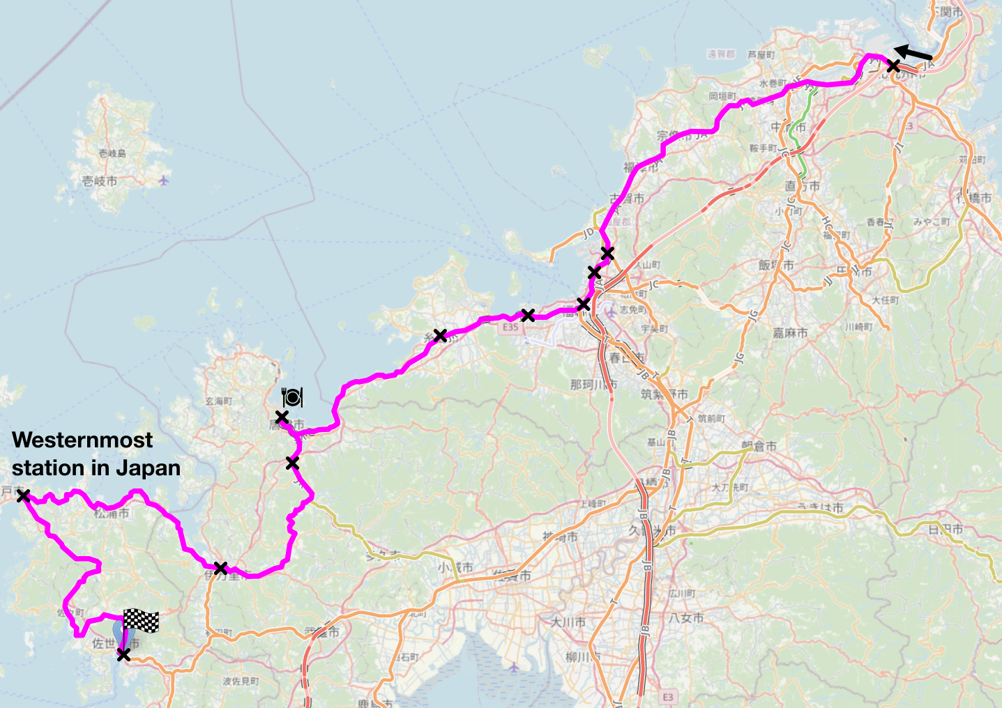 Map of the area described in the text with the route described marked.