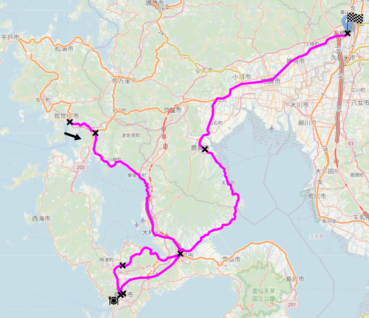 Map of the area described in the text with the route described marked.