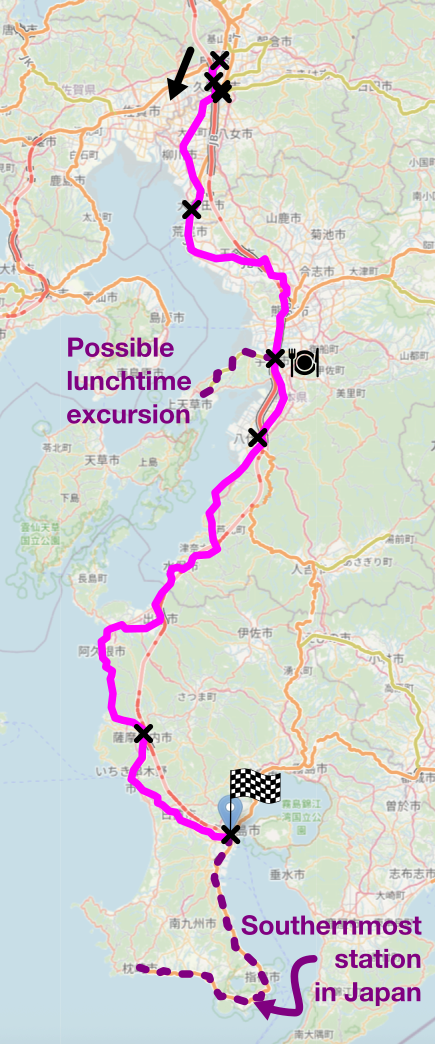 Map of the area described in the text with the route described marked.
