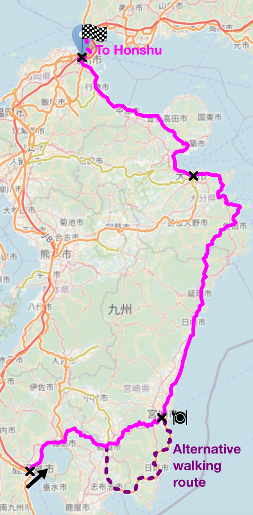 Map of the area described in the text with the route described marked.