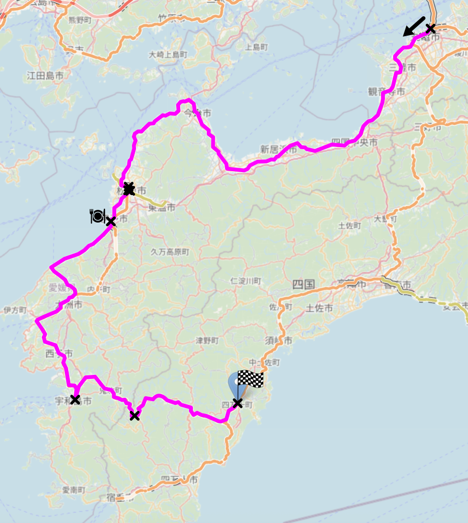 Map of the area described in the text with the route described marked.