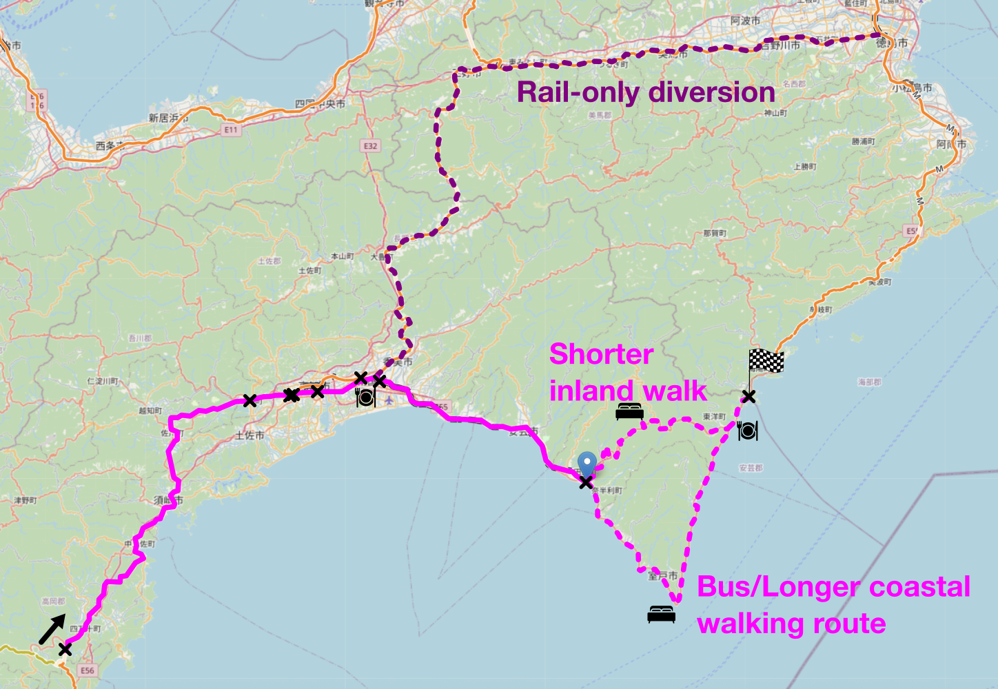 Map of the area described in the text with the route described marked.