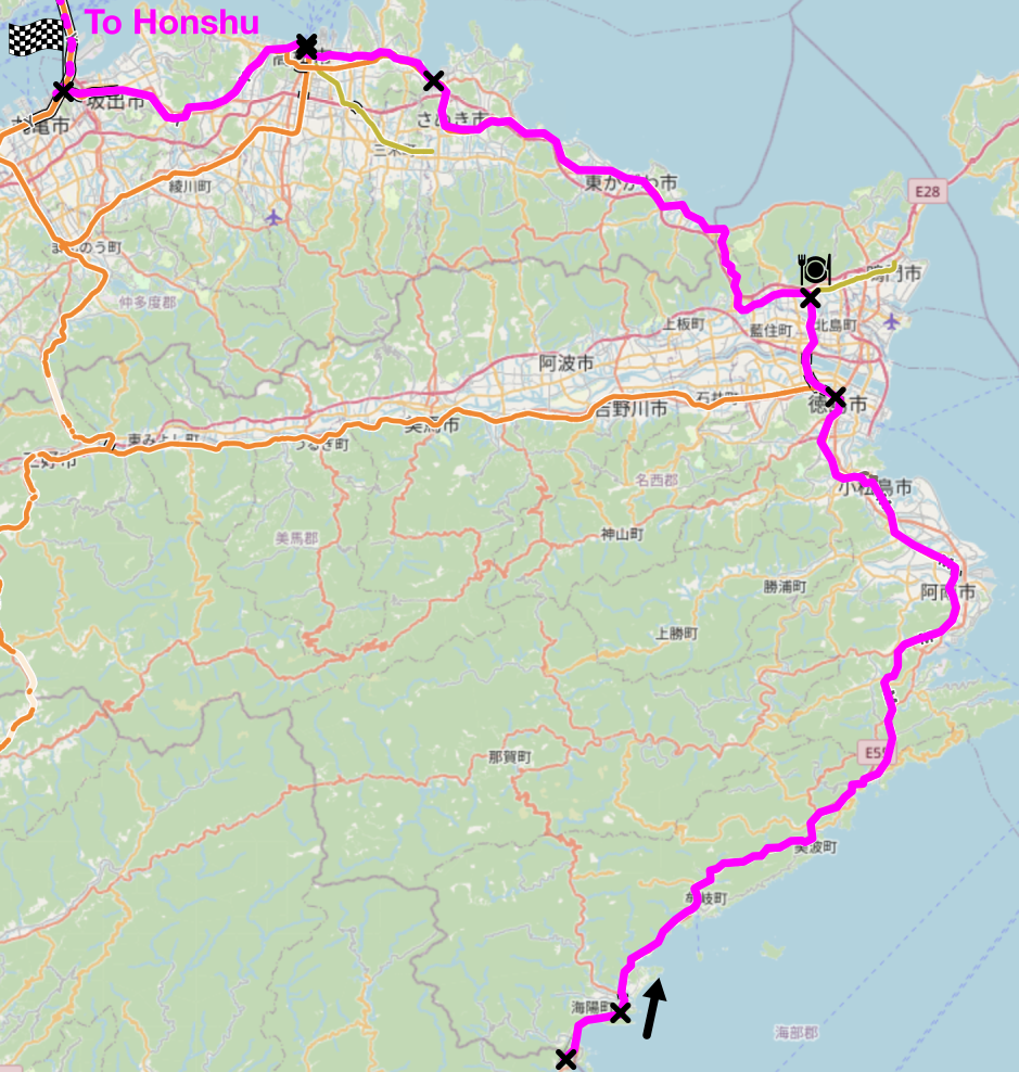 Map of the area described in the text with the route described marked.