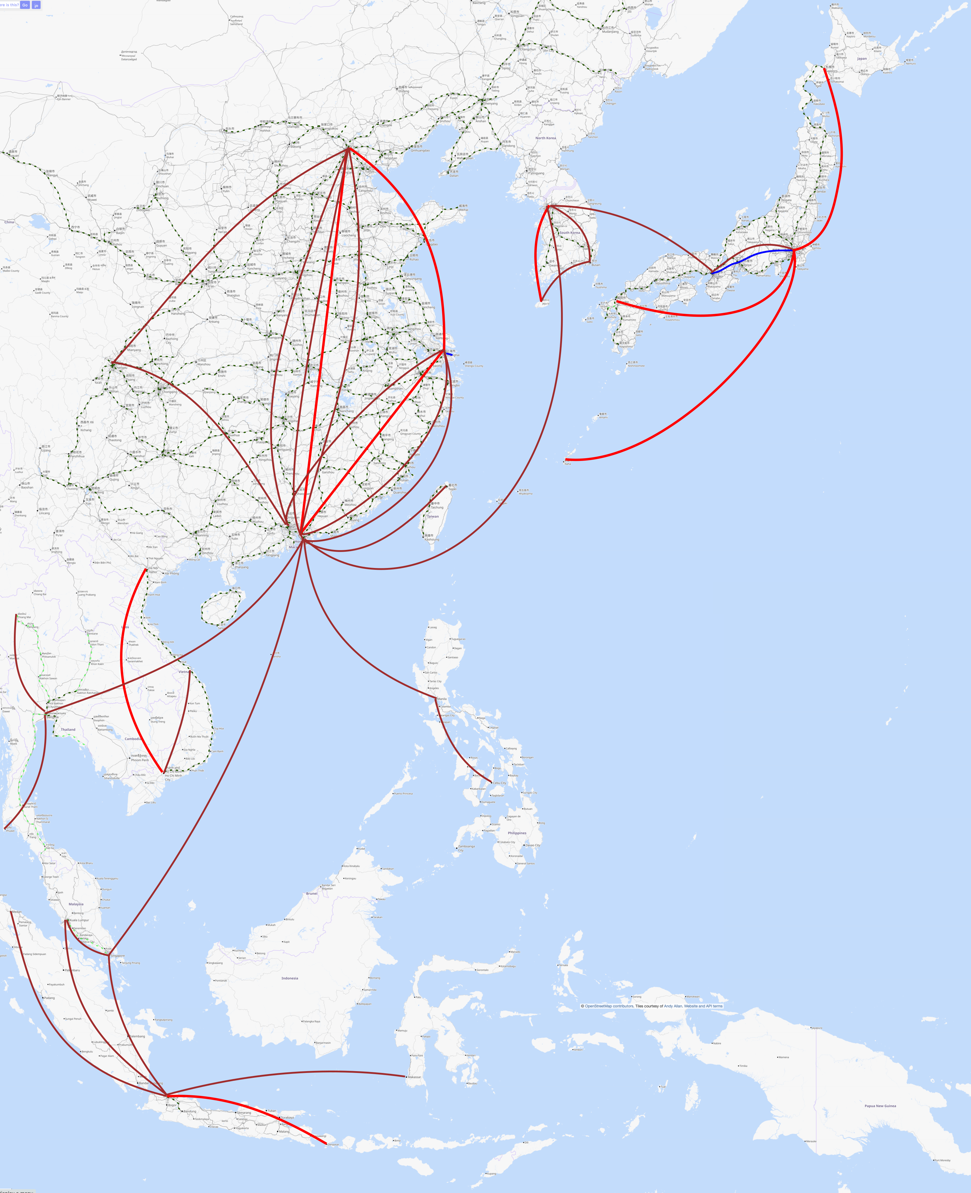 Map of east and southeast Asia
with the flight routes from the linked Wikipedia article marked.