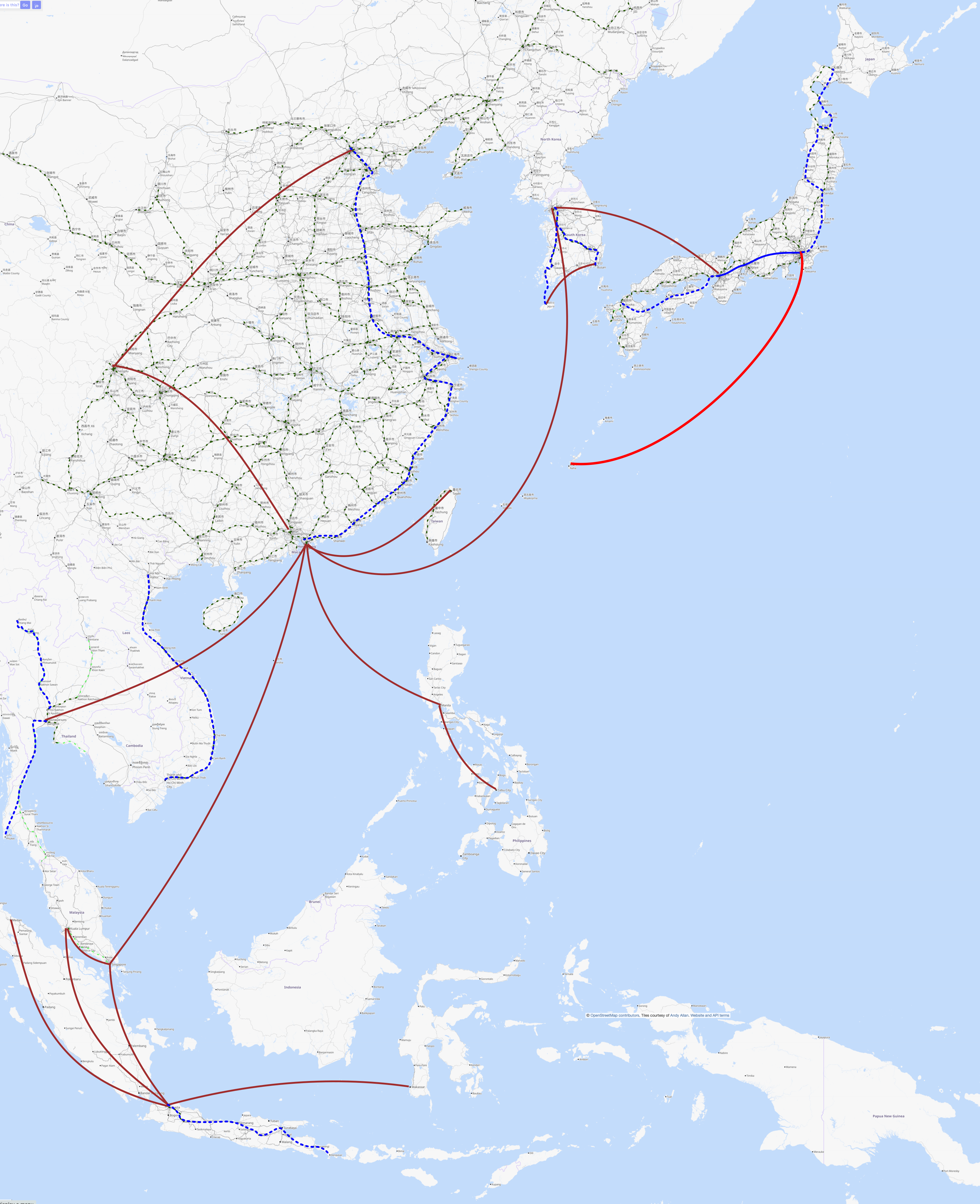 Similar map to the above,
but with many red lines replaced by curvier dashed blue ones
representing the new maglev lines discussed in phase 1