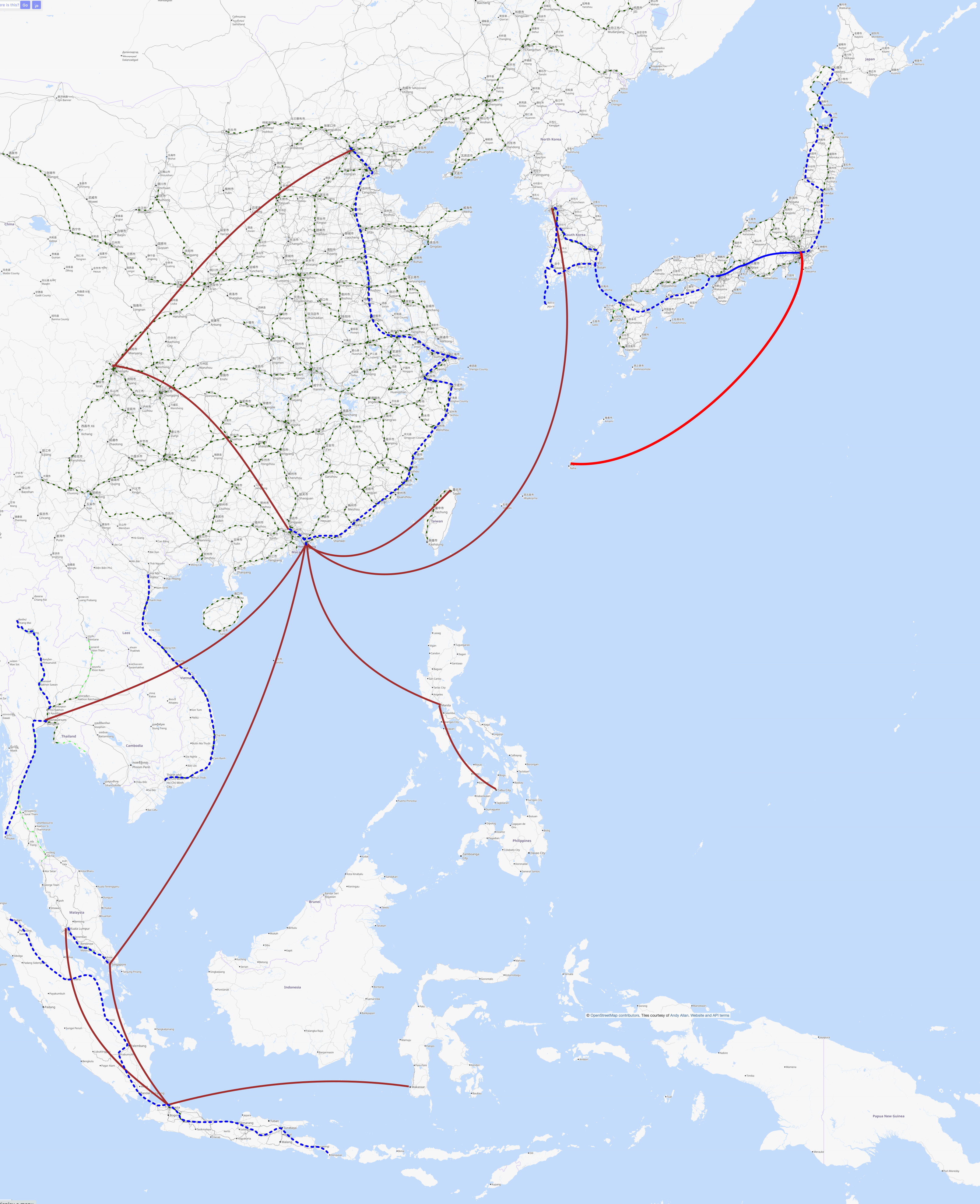 Similar map to the above,
but with many red lines replaced by curvier dashed blue ones
representing the new maglev lines discussed in phase 2