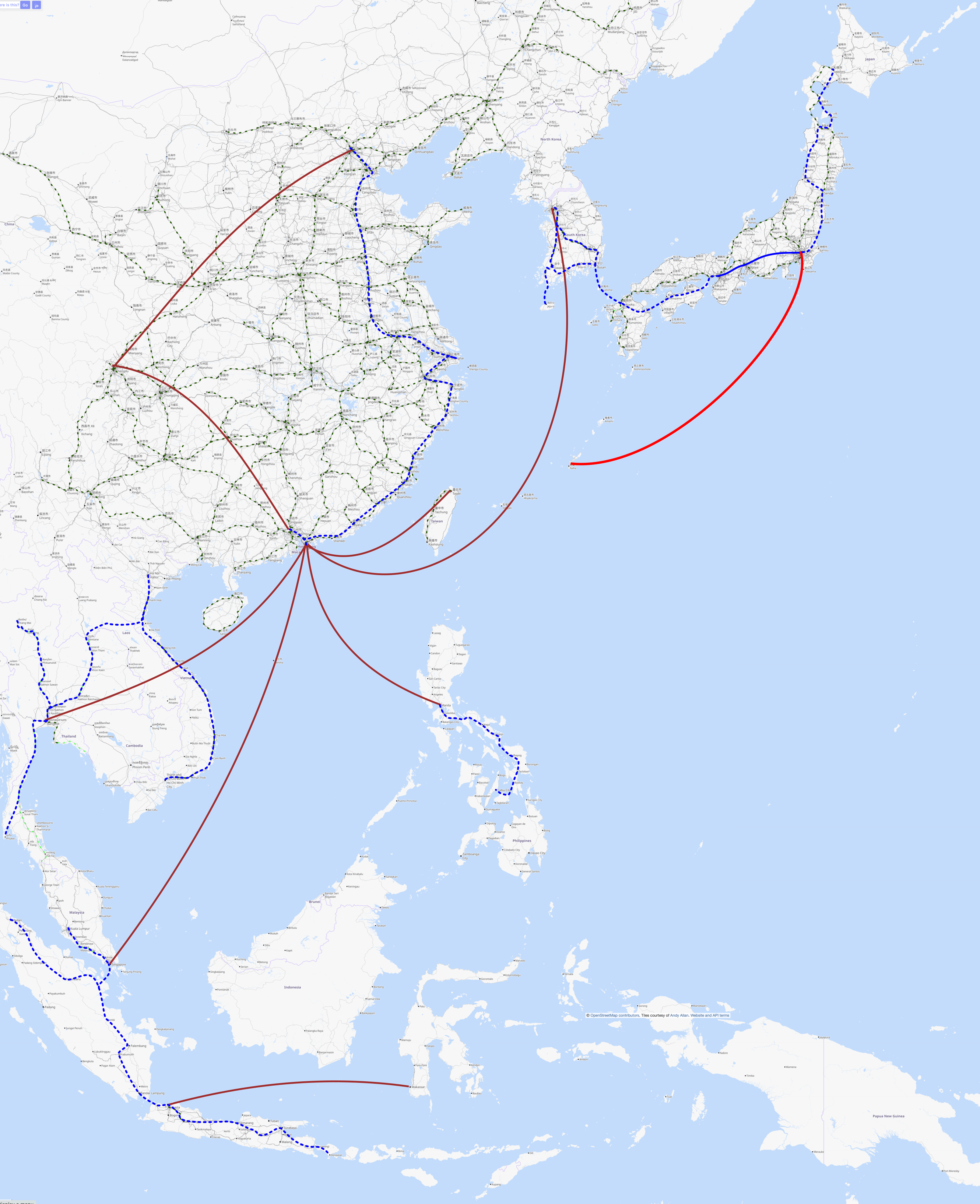 Similar map to the above,
but with many red lines replaced by curvier dashed blue ones
representing the new maglev lines discussed in phase 3