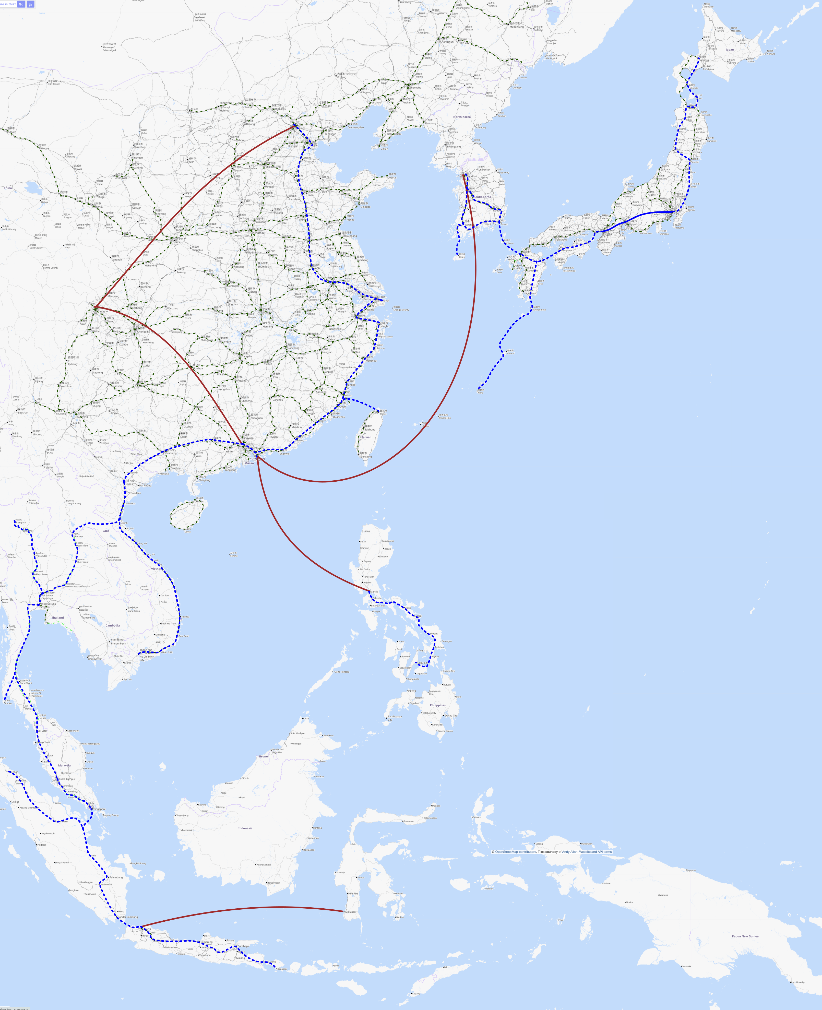 Similar map to the above,
but with many red lines replaced by curvier dashed blue ones
representing the new maglev lines discussed in phase 4