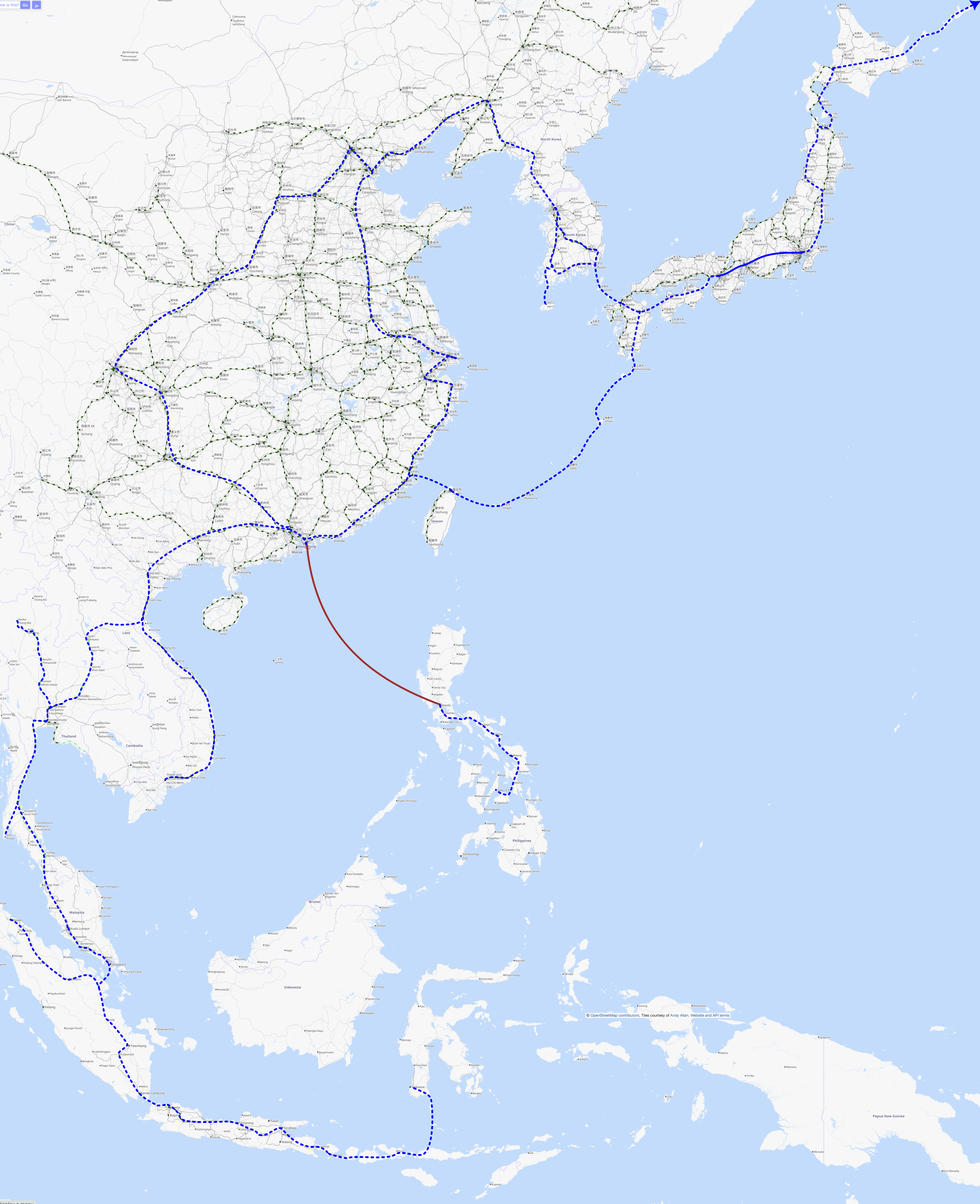 Similar map to the above,
but with many red lines replaced by curvier dashed blue ones
representing the new maglev lines discussed in phase 5