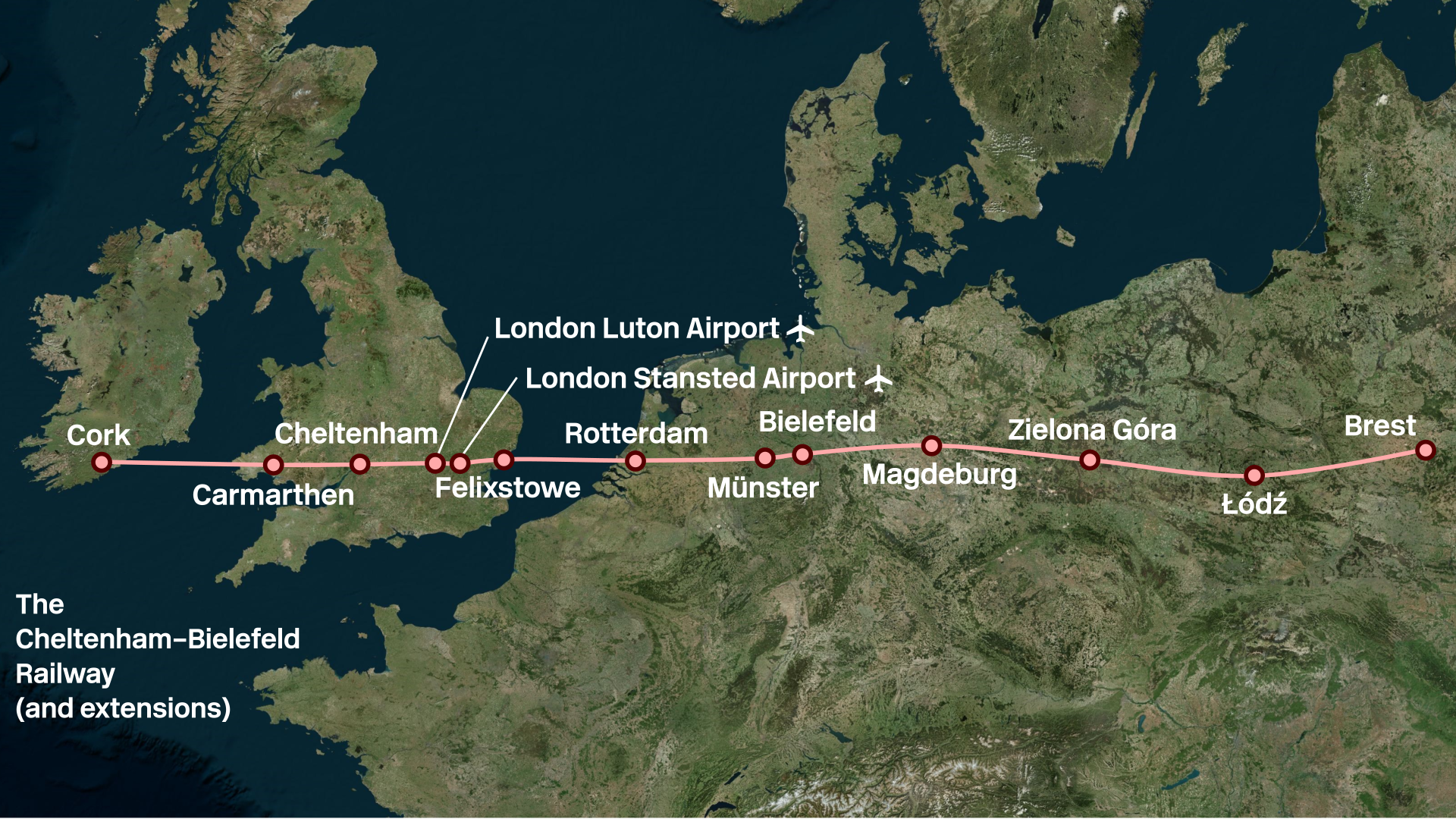 Map of northern central and western Europe,
with an almost horizontal railway line in pink calling at
the stations listed above.