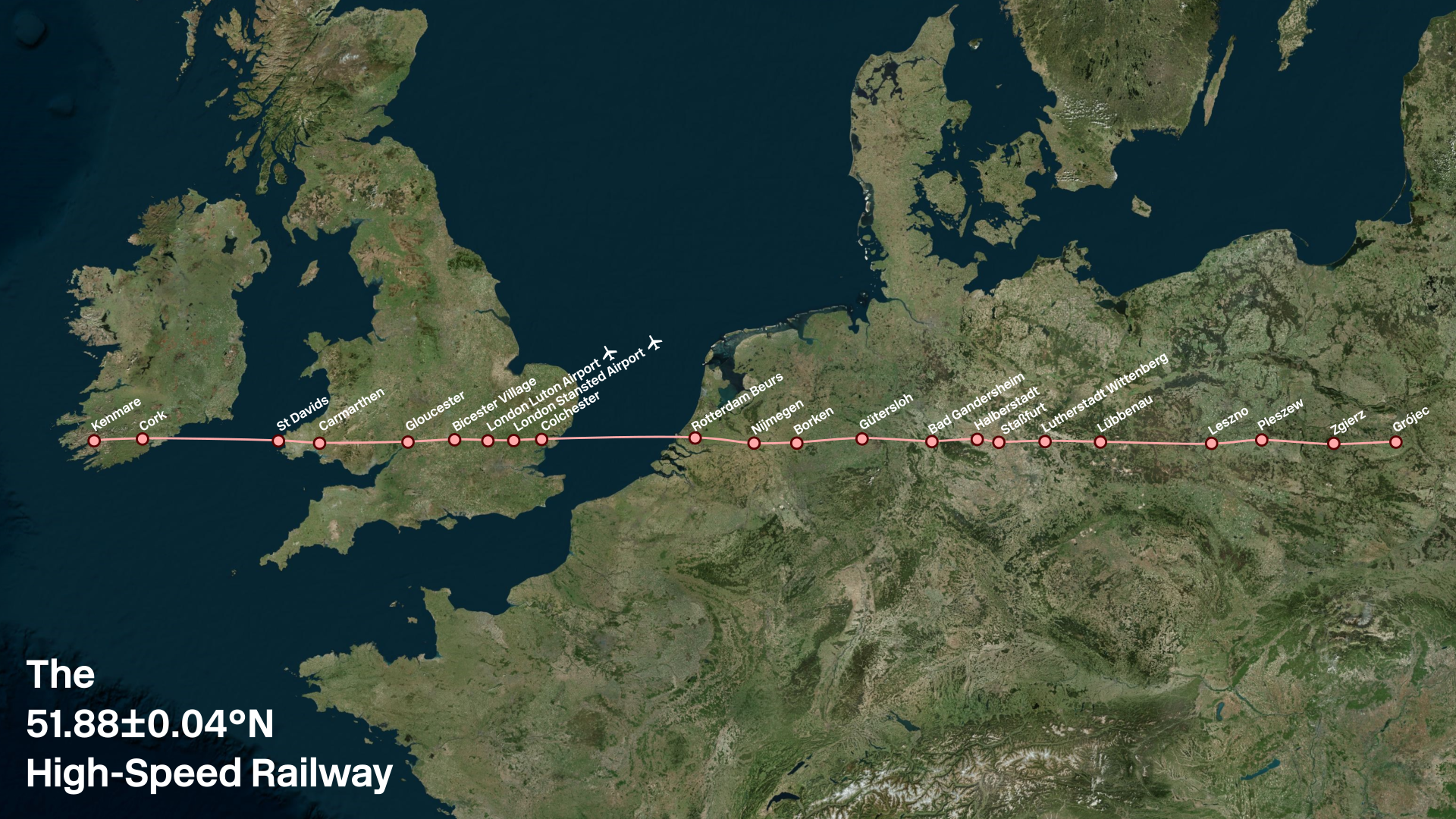 Map of northern central and western Europe,
with a horizontal railway line in pink calling at
the stations listed below..