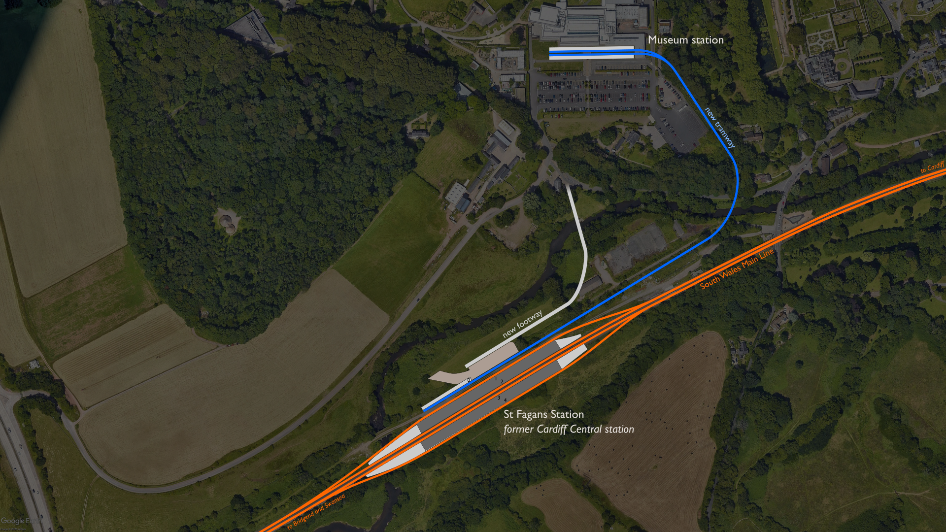 Aerial image of the St Fagans site,
with the new five-platform St Fagans/former Cardiff Central station to the south,
the four mainline tracks and passing loops in orange going southwest-northeast,
and the tramway marked in blue heading from the north of the station to the northeast
then turning to the northwest to the main building.