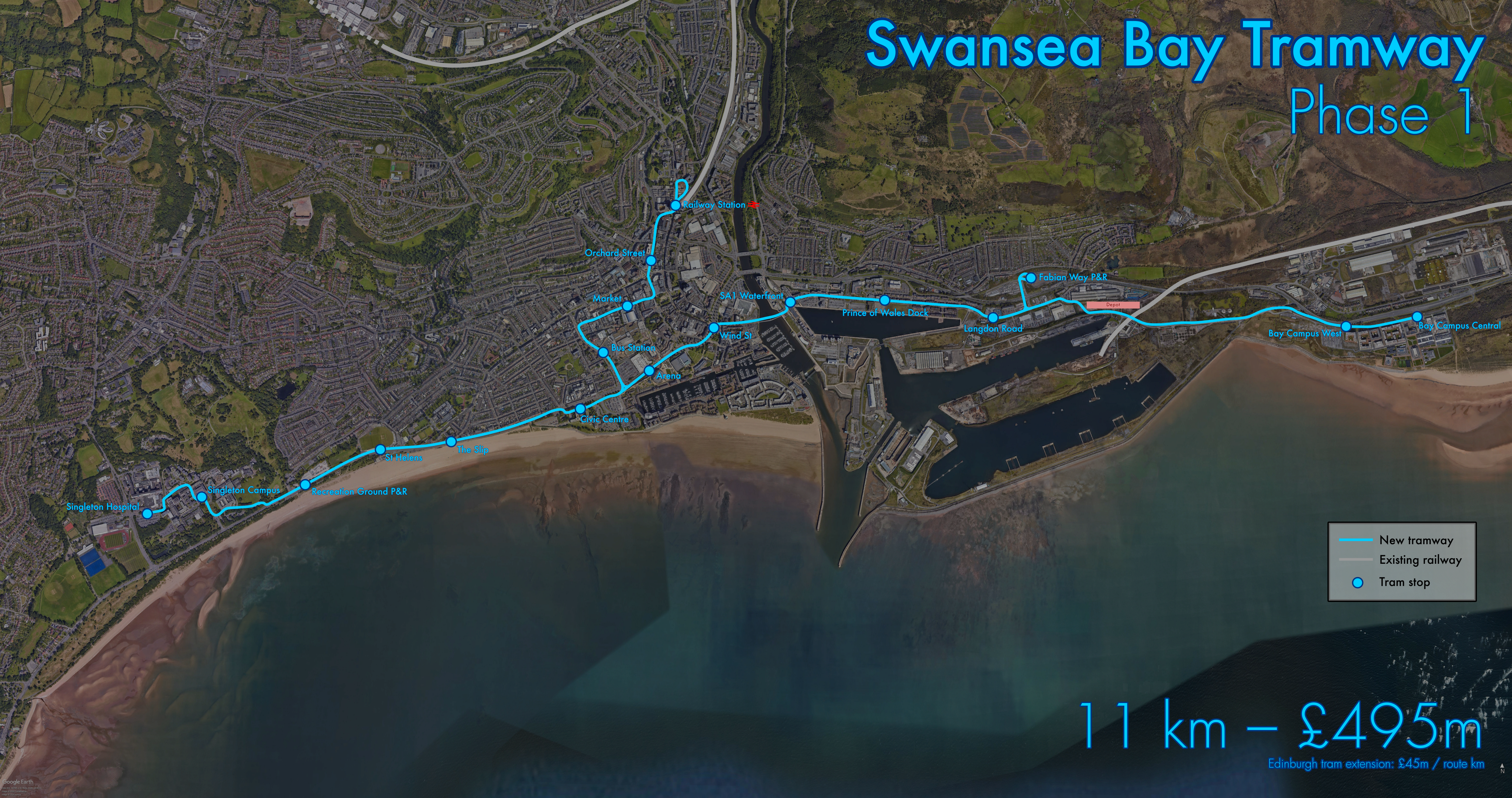 Map of a potential tram route from Singleton Hospital to Bay Campus,
with a spur to the railway station.