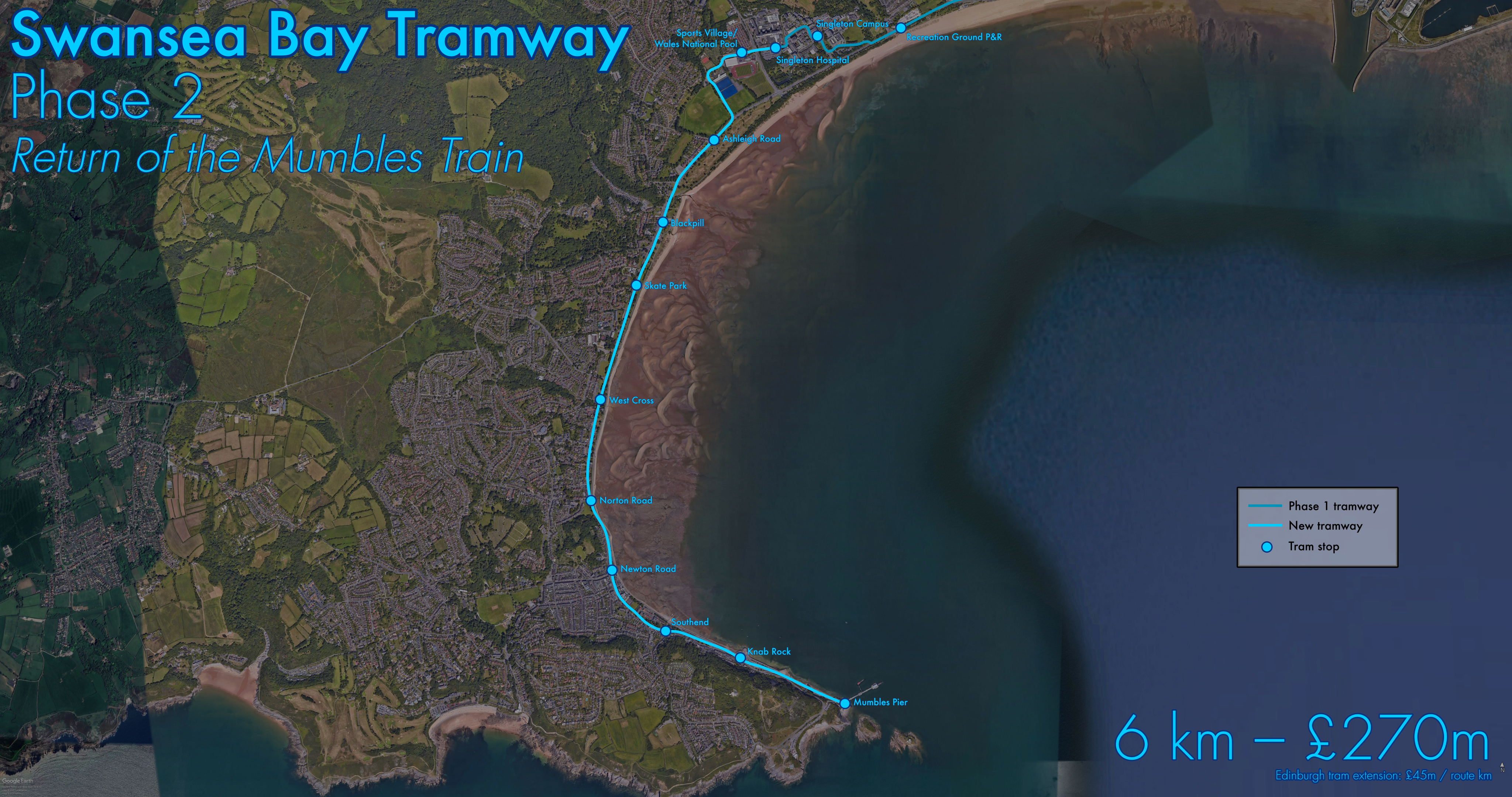 Map of a potential tram route
from Singleton Hospital to Mumbles Pier.